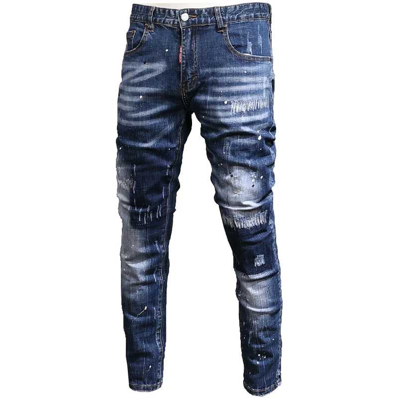 Men's Dots Printed Blue Ripped Jeans Stretch Slim Fit Straight Pants Summer Fashion Streetwear Casual Denim Trousers