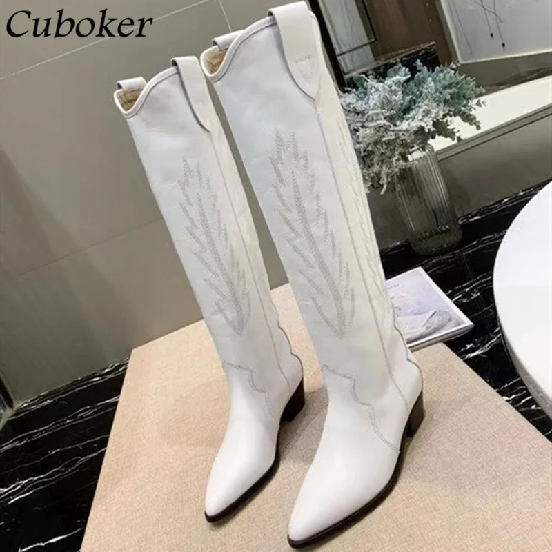 

Pointed Toe White Leather Women Long Boots Brand Runway Classic Over The Knee Chelsea Boots Autumn Winter Boots For Women Mujer