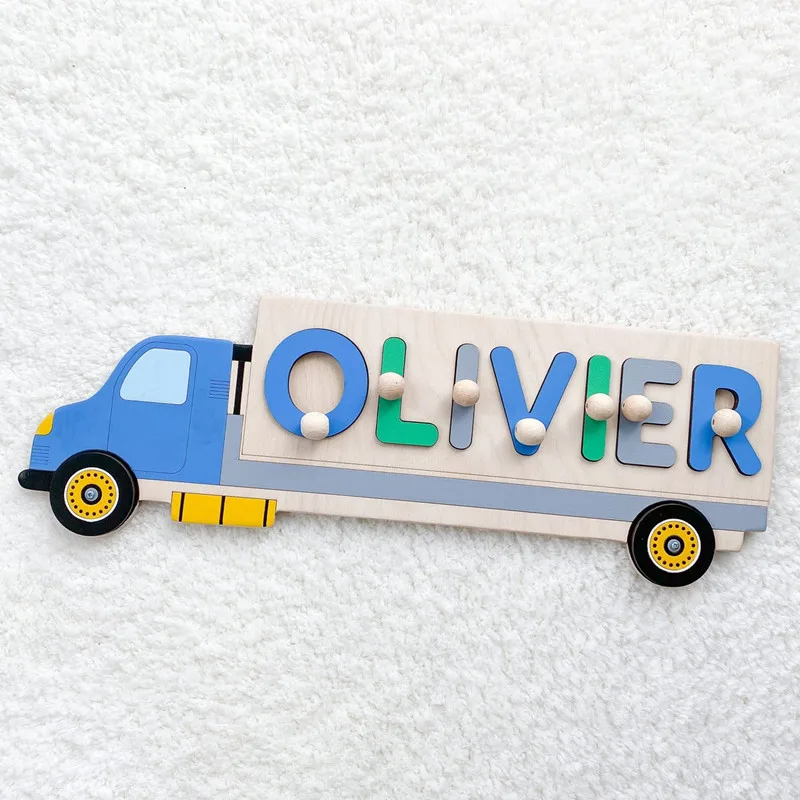 Custom Baby Name Auto truck Puzzle - Wooden Kids Toys personalize boy's Birthday Gift - Engraved Baby Gift- puzzle Toddler Toys