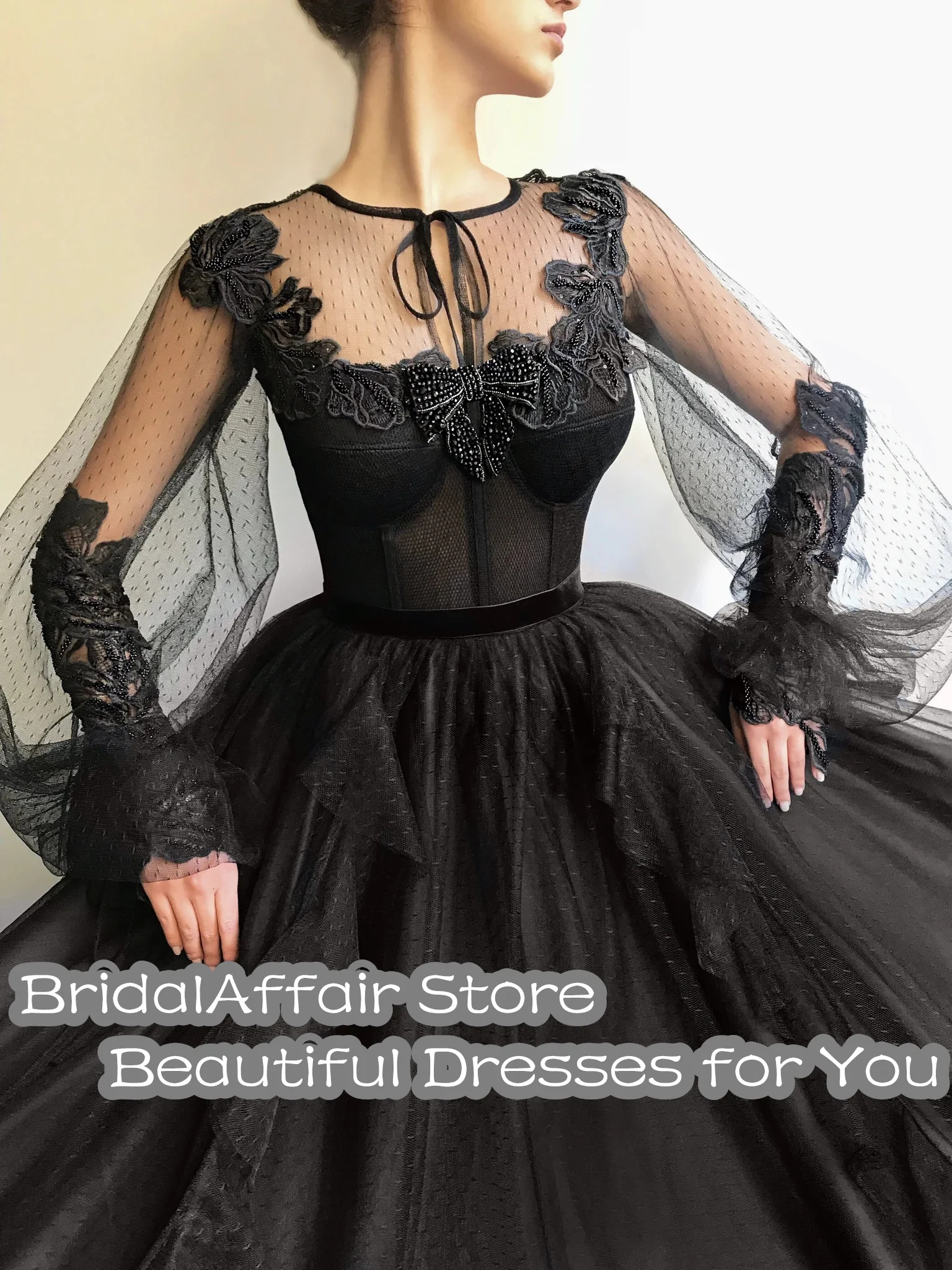 BridalAffair Black Tulle Ruffles Prom Dresses with Beads Bow tie 2021 New Vintage Long Sleeves A-Line Party Wedding Dresses