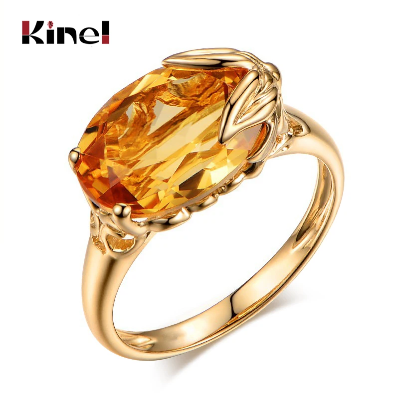 Kinel Fashion Gold Bridal Wedding Ring Simple Leaf Yellow Big Zircon Engagement Rings For Women Vintage Jewelry Drop Shipping