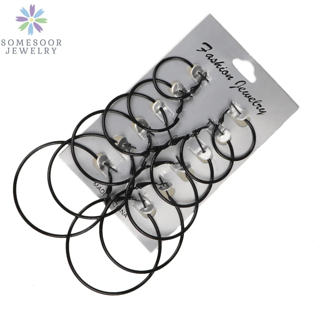 SOMESOOR Vintage Black Colorful Hoops Earrings Oversize Circles Round Ear Clip Steampunk Loops For Women Girls Gifts 6Pairs/Set