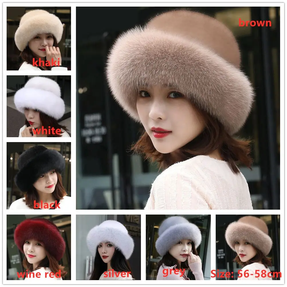 Fashion Women\'s Furry Winter Faux Fur Hat Berets Warm Cap Faux Fox Fur Brim