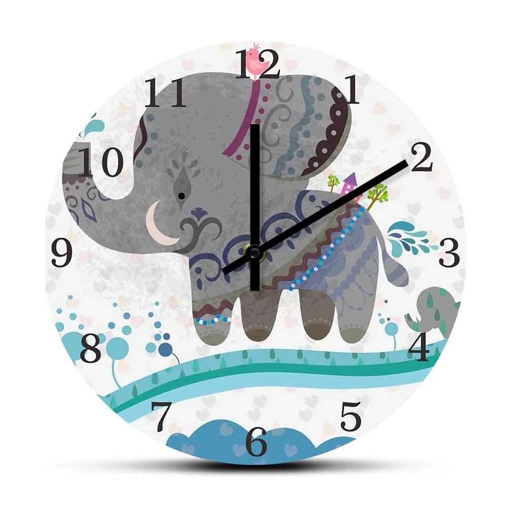 Little Animals Cartoon Elephants Wall Clock Animal Home Decor Silent Movement Wall Watch Baby Elephants Artwork For Kids Bedroom