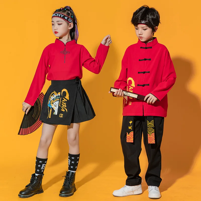 Chinese Traditional New Year Hanfu Red Shirt Top Black Pants Skirt for Girls Boys Stage Dance Performance Costume Clothes