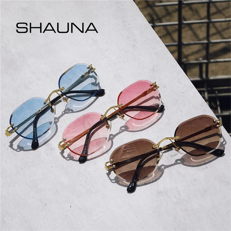 

SHAUNA Retro Rimless Oval Sunglasses Women Fashion Clear Ocean Gradient Color Lens Eyewear Shades UV400 Men Trending Sun Glasses