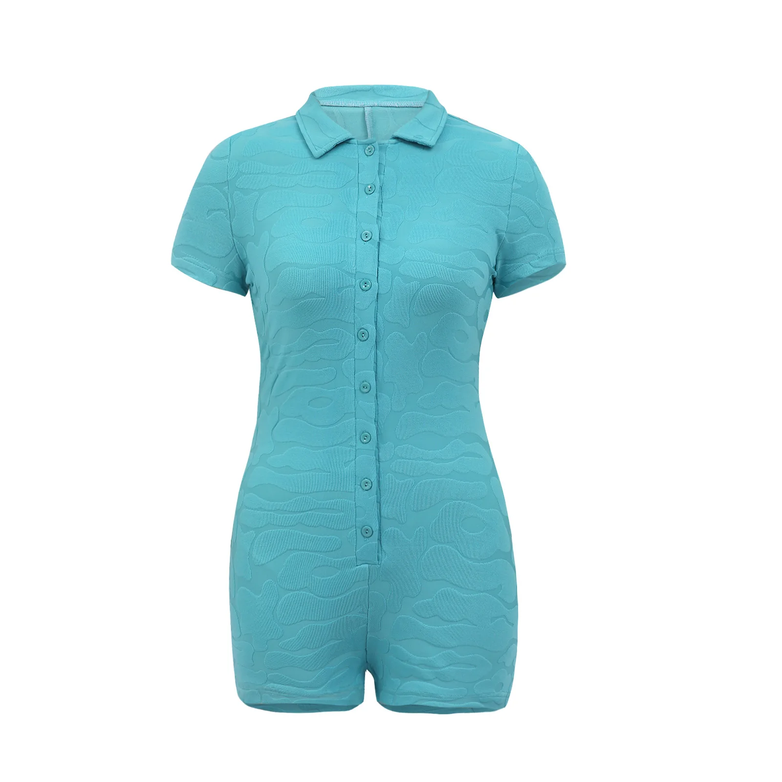 Fashion Sexy Women Summer Playsuit, Solid Color Flocking P o lo Neck Short Sleeve Button-Open Tight Jumpsuit for Girls