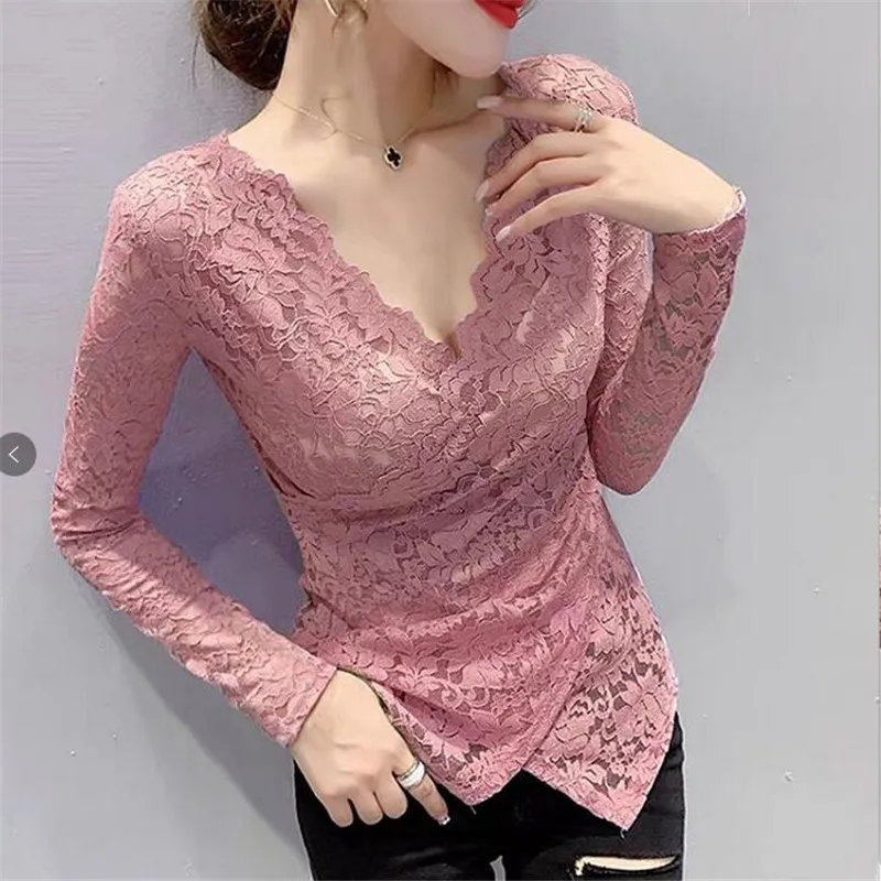 Sexy Women's Tops V-neck Lace Long Sleeve Cross Slim All-match Base Shirts Trend ladies bottoming shirt spring autumn female top