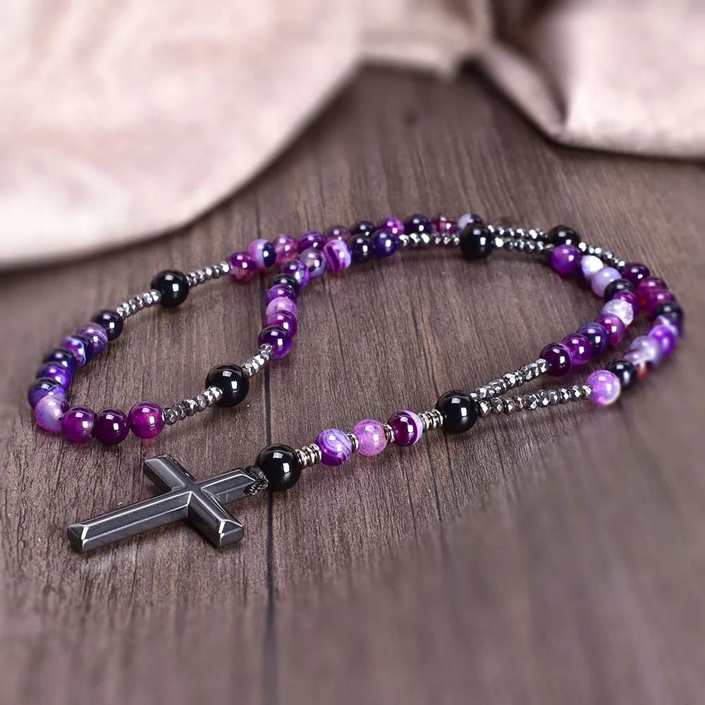 8mm Purple Lace Agate Catholic Christ Rosary Necklaces for Women Hematite Cross Pendant Mala Jewelry Gift Wholesale Dropship