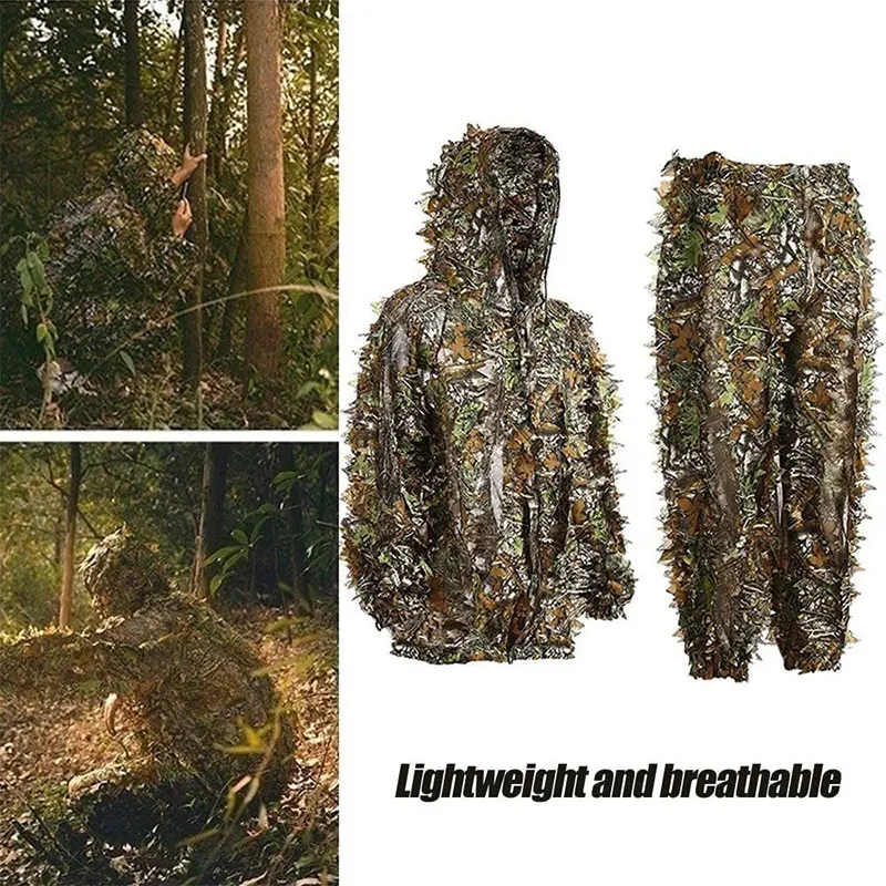 Traje Ghillie de camuflaje biónico de hoja de arce 3D para exteriores, conjunto de ropa ungle, pantalones, chaqueta con capucha para caza, juego CS, observación de aves, etc.