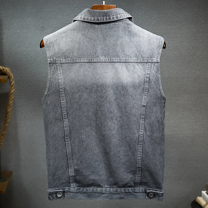 

Denim Men Vest Vintage Biker Sleeveless Cowboy Jacket Spring Summer Gray Single Breasted Slim Fit Casual Waistcoat Male M-3XL