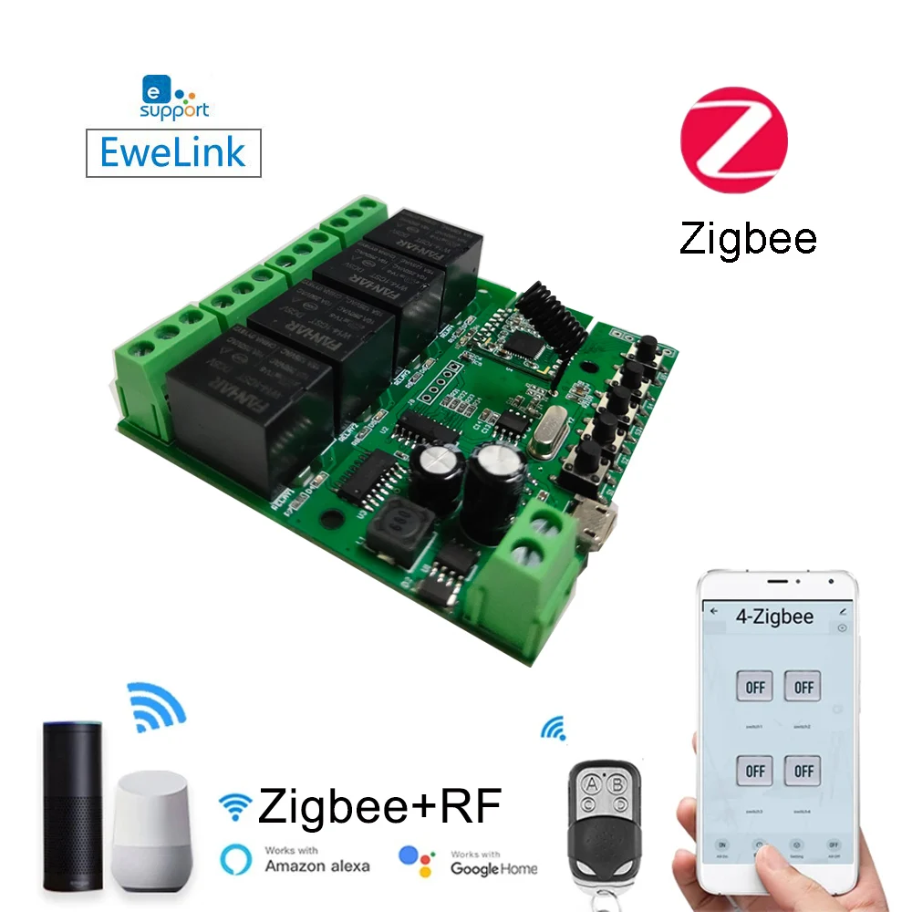 4CH Zigbee WiFi Switch Module Wireless Wireless 4 Relay Card EWelink APP Remote Control Smart Timer Smart Home Alexa Google Home