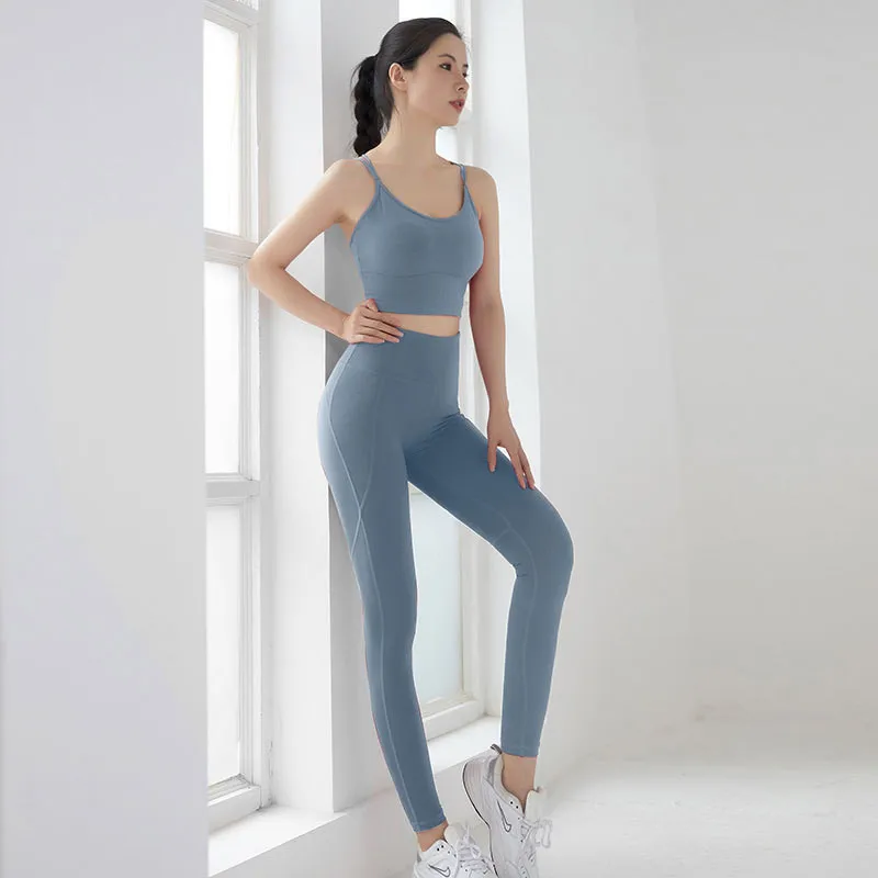 Solid color gym Yoga Set Tight Sexy Back Thin Shoulder Strap Cross Sport Bra Leggings 2pcs Suit Fitness Clothing Women Sportwear