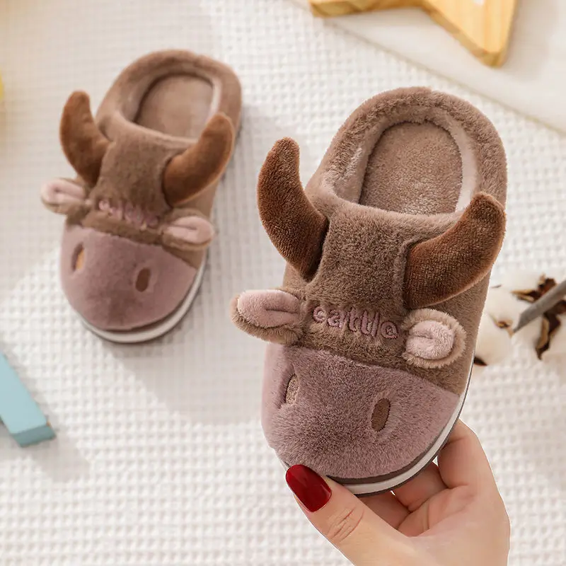 Leuke Hoorns Kinderen Katoen Slippers Herfst En Winter Cartoon Bont Slippers Baby Interieur Jongens En Meisjes Harige Slippers