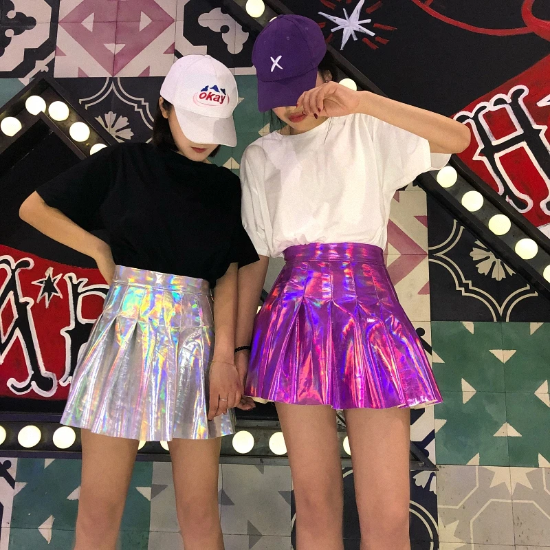 2019 Summer Fashion Women PU Solid Harajuku Casual Sexy Laser Hight Waist Micro Mini Short JK Skirts Holographic Pleated Skirts