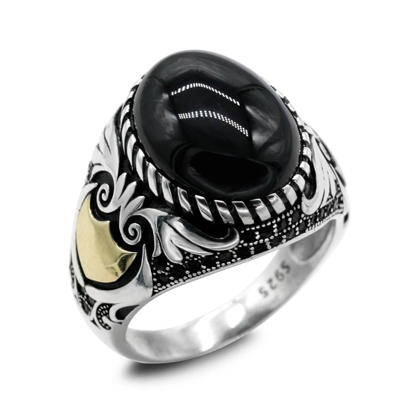 New Men's 925 Sterling Silver Ring With Natural Agate Stone Turkish Punk Style Classic Wings Exquisite Men's and Women's Jewelry