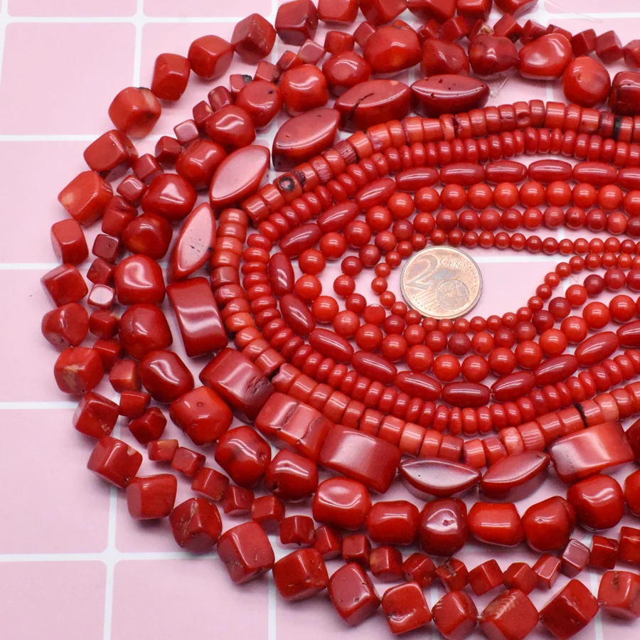 Natural Stone Red Coral Beads Irregularity Geometry Round Square  Shape Spacer Beads For Jewelry Making DIY Bracelet Necklace