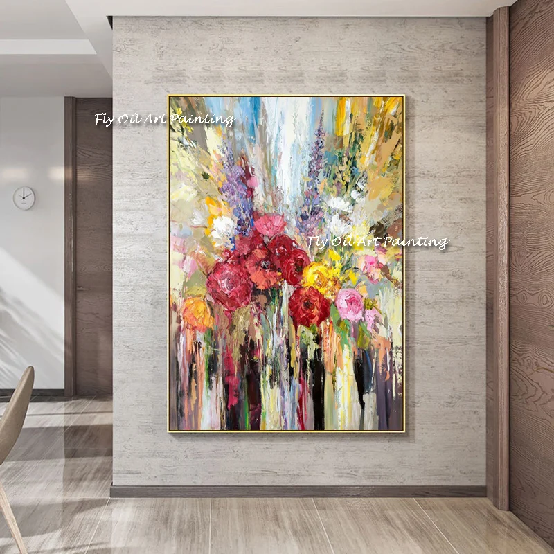 Colorful Bouquet Canvas,100% Handmade Oil Painting,Palette Knife Impasto Floral,Living Room Porch Wall Art Home Decor Gift