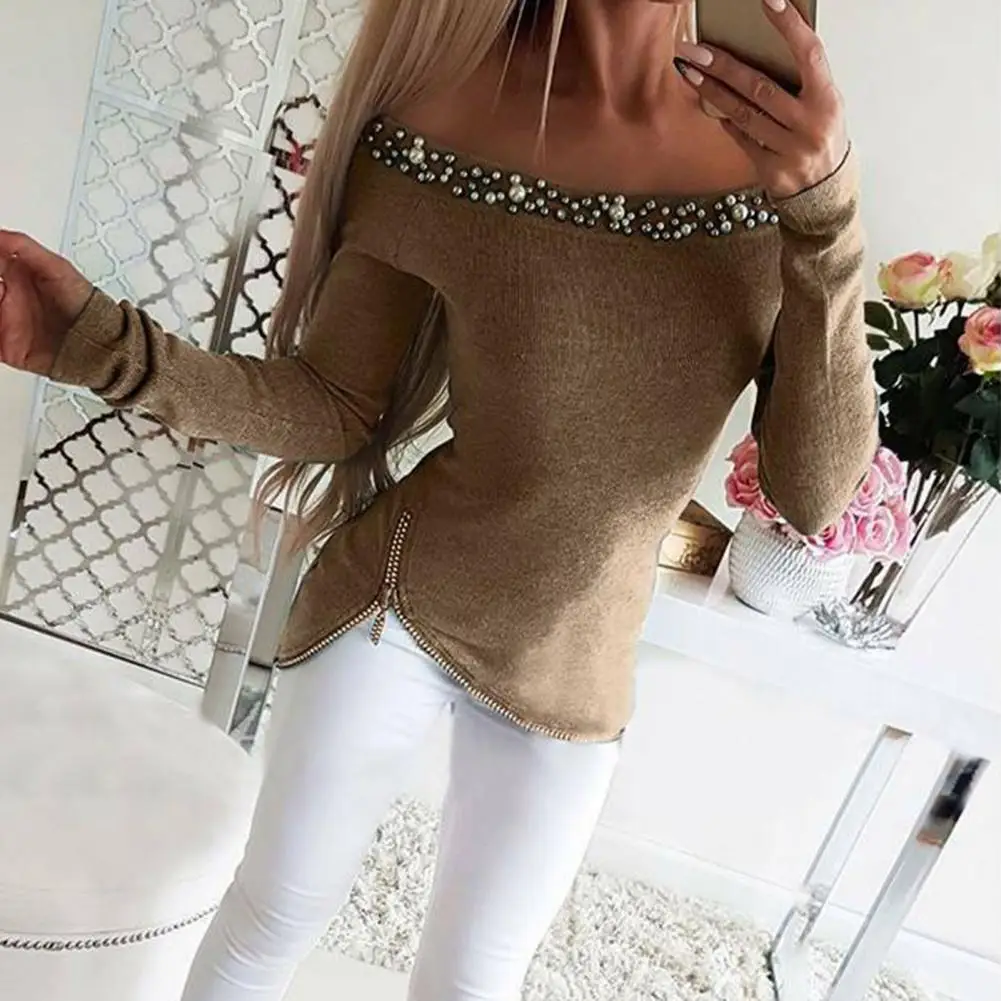 Camicetta da donna manica lunga Slim elastico con spalle scoperte Pullover colletto in finta perla cerniera Casual autunno inverno Pullover