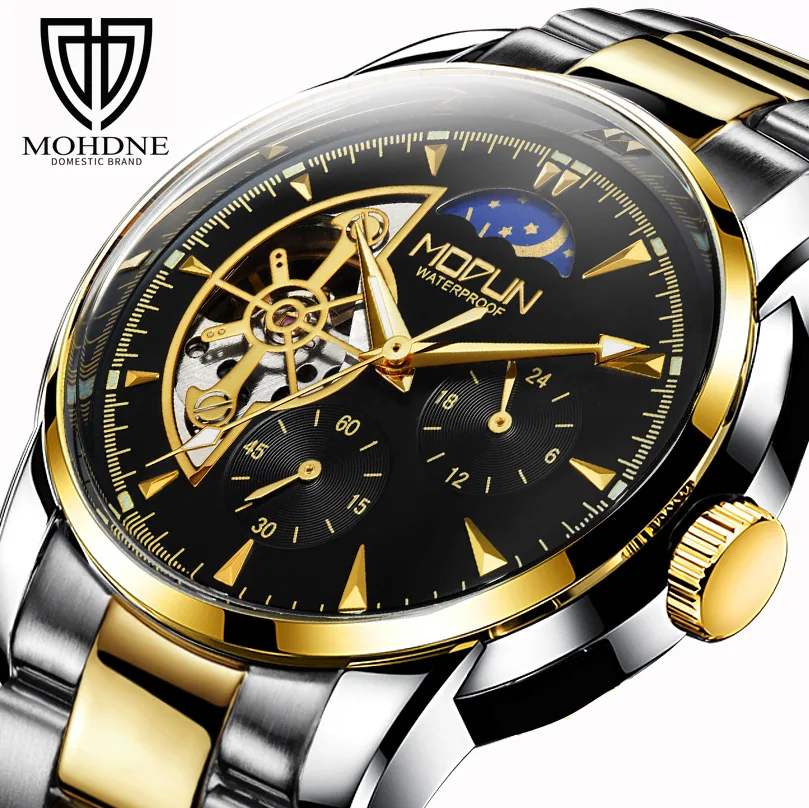 Top Brand Luxury Men Watches Sun Moon Star Tourbillon Skeleton Luminous Five-Hand Three-Eyes Automatic Mechanical Watch Male