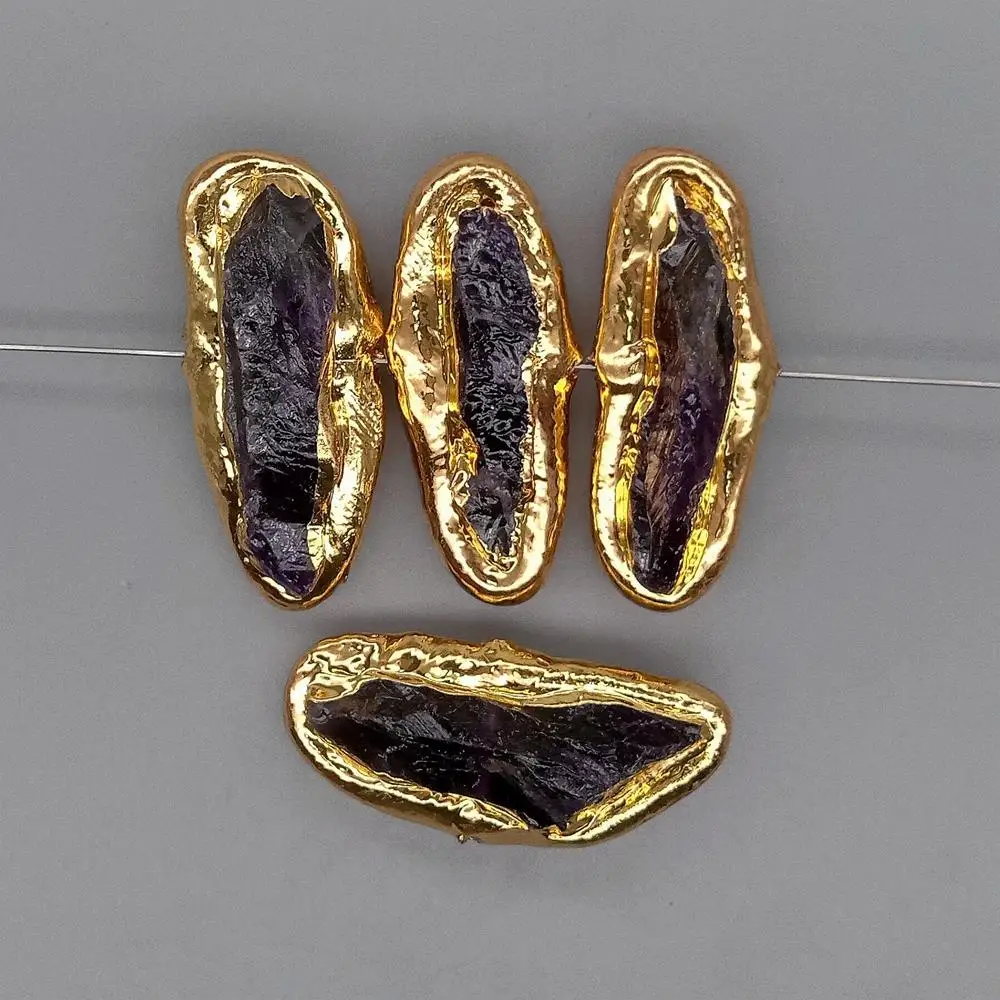 5 pcs natural amethyst rough Beads Gold Plated Beads For Jewelry Making
