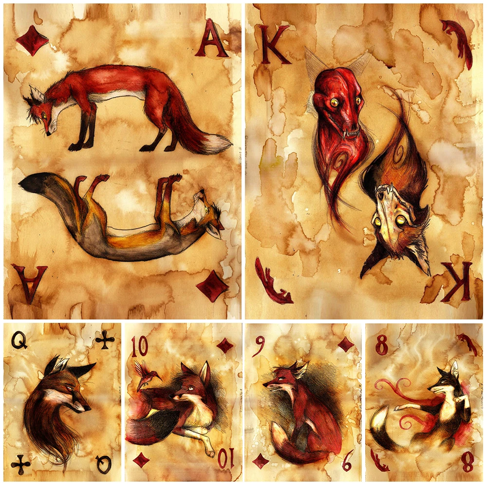 Vintage Skat of Foxes Playing Cards Poker Wall Art Canvas Painting Home Decor Wall Pictures For Living Room Posters Unframed