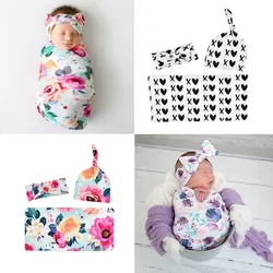 Baby Swaddle Blanket Newborn Baby Floral Swaddle Blanket Girl Boys Hat Receiving Blanket Infant Swaddle Wrap Headband 3pcs/set