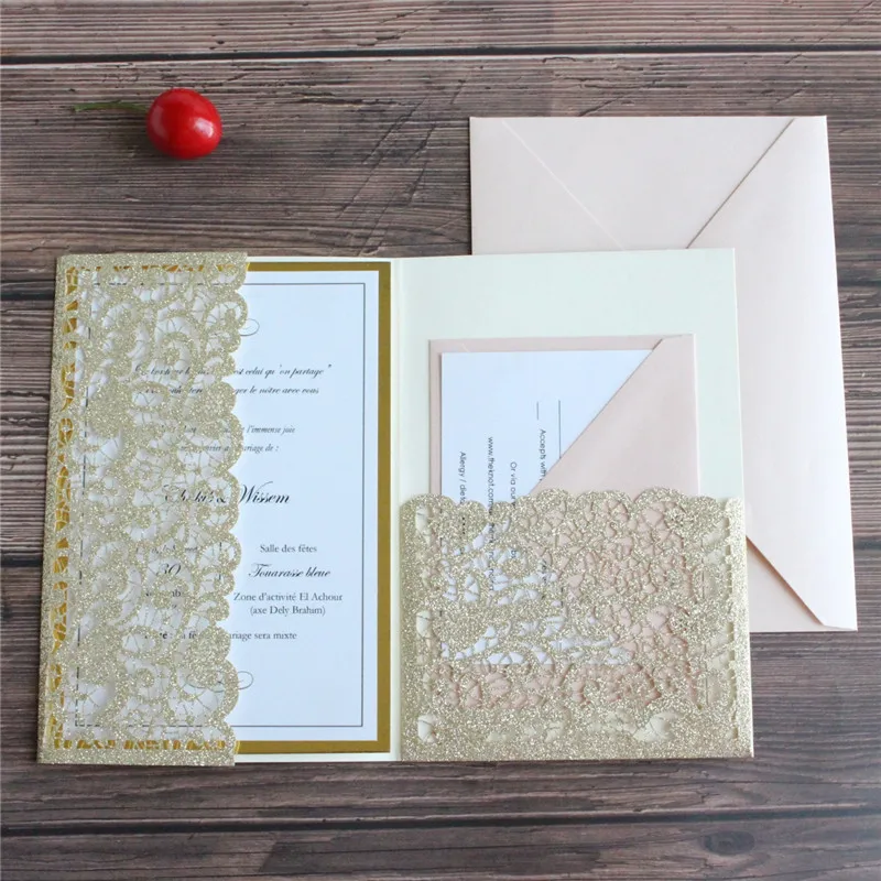 

Gold customized wedding invitation paper RSVP card with envelopes anniversary business event party supply