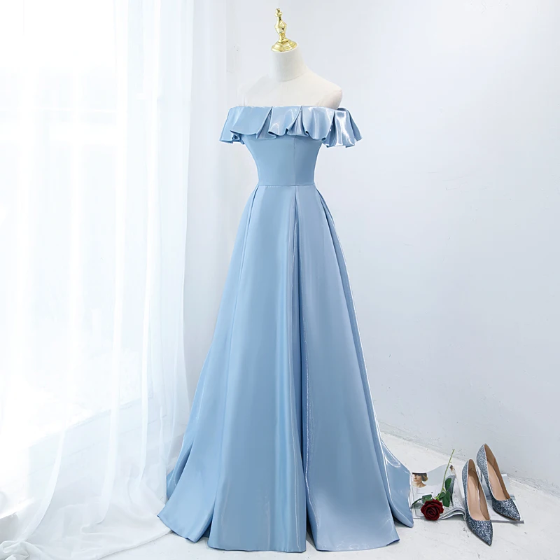 Avondjurk Sky Blue Fashion Empire Korte Mouwen Floor-Length Eenvoudige Boothals Plooi A-lijn Party Formele Jurken Vrouw b1464