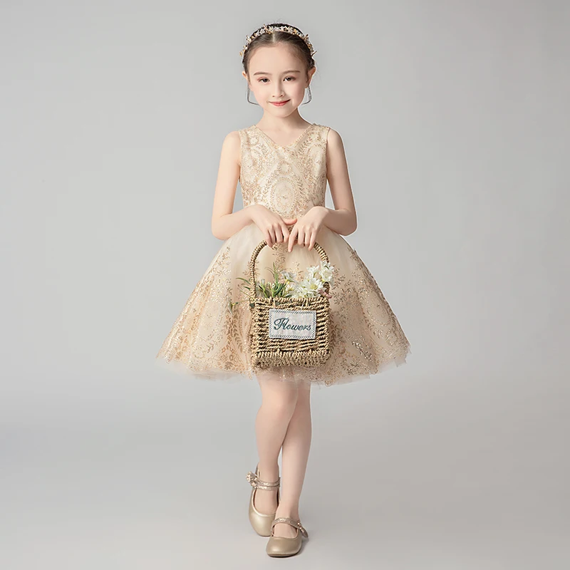 

Sequin Golden Tulle Flower Girl Dress Kids Christening Gown For Party Wedding Children Pageant Gown Girls Princess Clothes