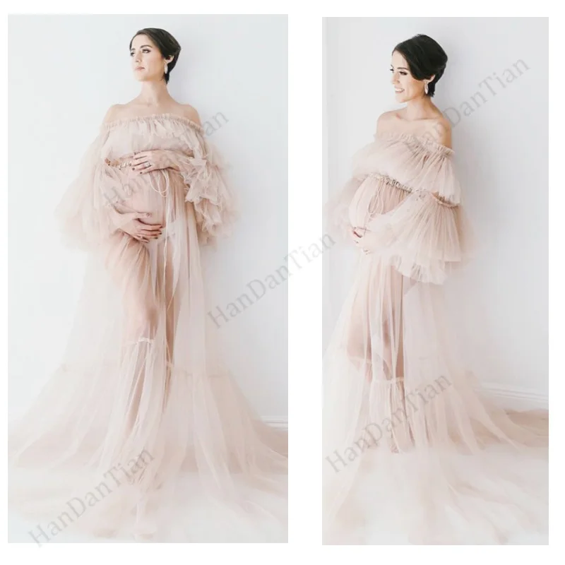 Elegant Bridal Tulle Maternity Dresses Robes for Photography Sheer Robe Puffy Sleeve Fluffy Tulle Maternity Dressing Gowns