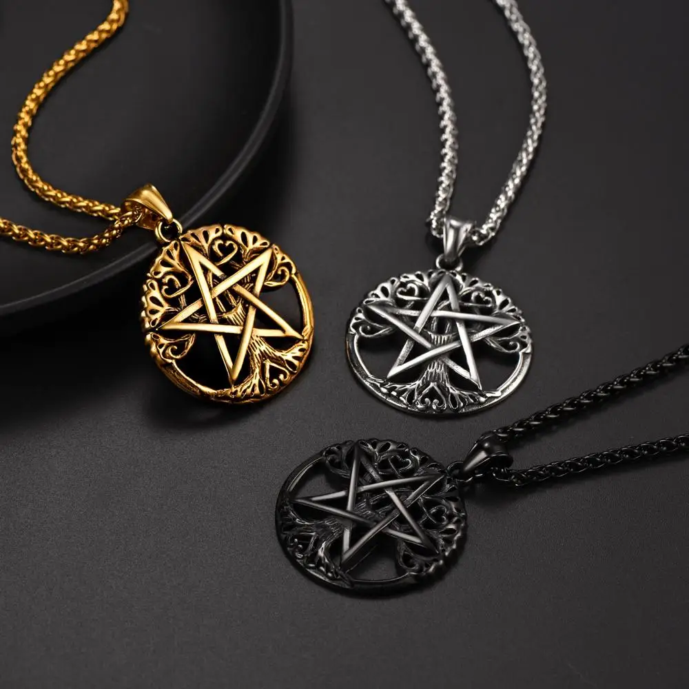 Vintage Nordic Hollow Tree of Life Pentagram Pendant Necklace for Men Fashion Party Jewelry