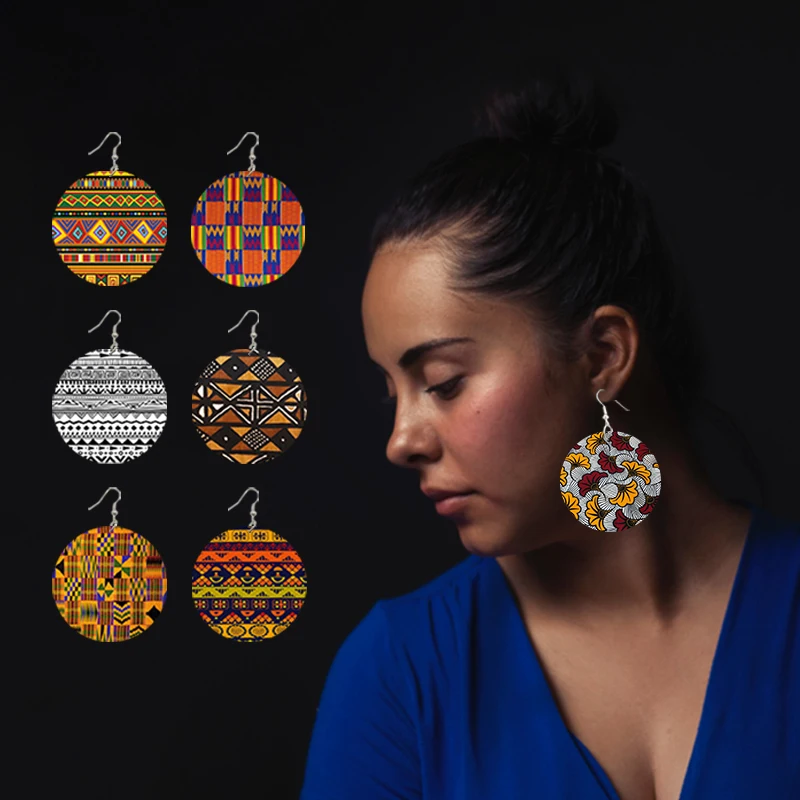 SOMESOOR Afrocentric Headwrap Fabric Design Printed Wooden Drop Earrings Bohemian Ethnic Loops Dangle 8 Styles For Women Gifts
