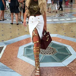 Women Thigh High Gladiator Flat Sandals Boots Golden Leather Over The Knee Boots Vintage Women Shoes Sexy Botas Zapatos de mujer