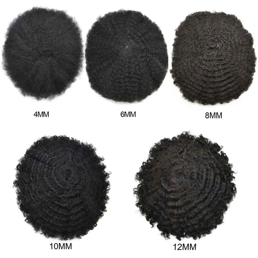 6mm Curly Fine Mono Mens Toupee Remy Hair Natural Poly Coating Around Hair System Durable Comfortable Replacement Hairpieces US