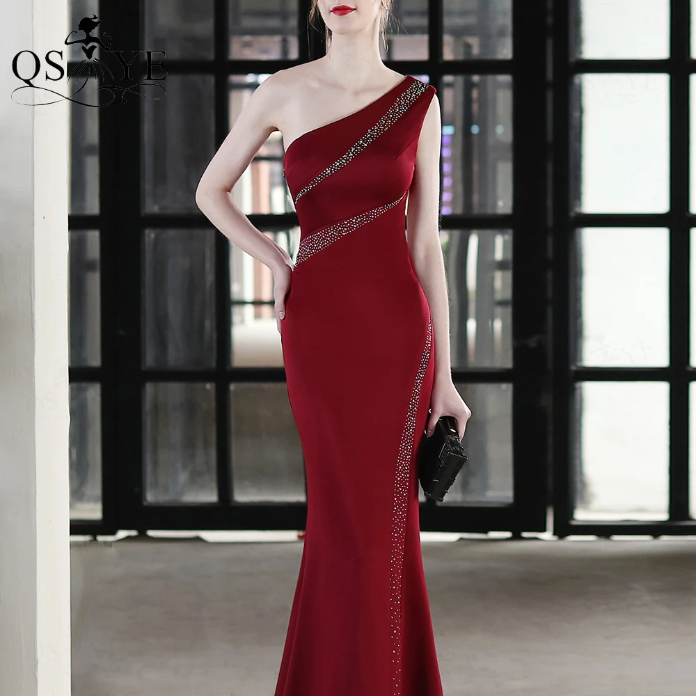 One Shoulder Evening Dresses Hot Drill Deep Red Prom Gown Mermaid Long Party Dress Beading Sequin Fitted Woman Formal Gown