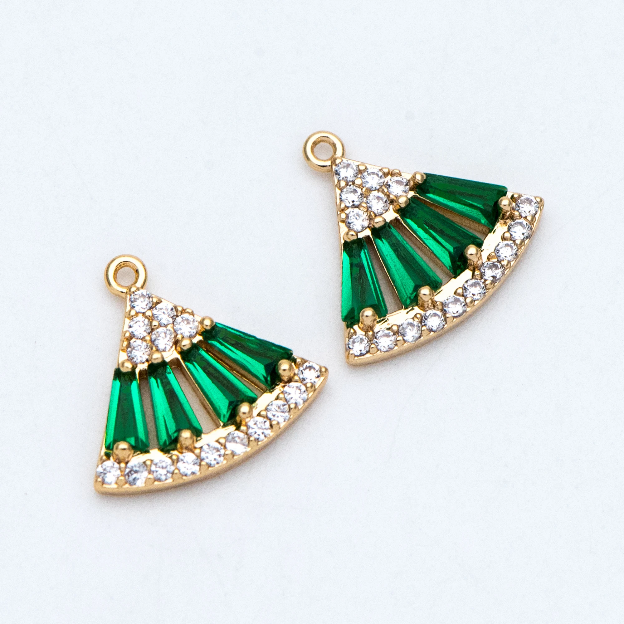 4pcs CZ Paved Fan Shaped Charms, Real Gold Plated Brass Green Rhinestone Geometric Pendants For Jewelry Making Findings (GB-712)