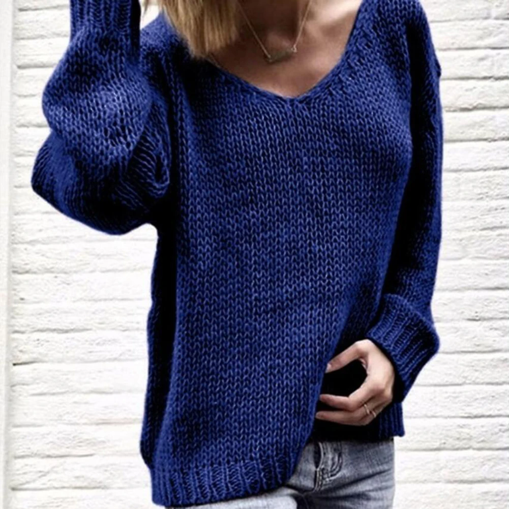 2023 Casual Women Pullovers Loose Solid Color Knitted Sweater V Neck Long Sleeve Top Women\'s Clothing джемпер женский pull femme