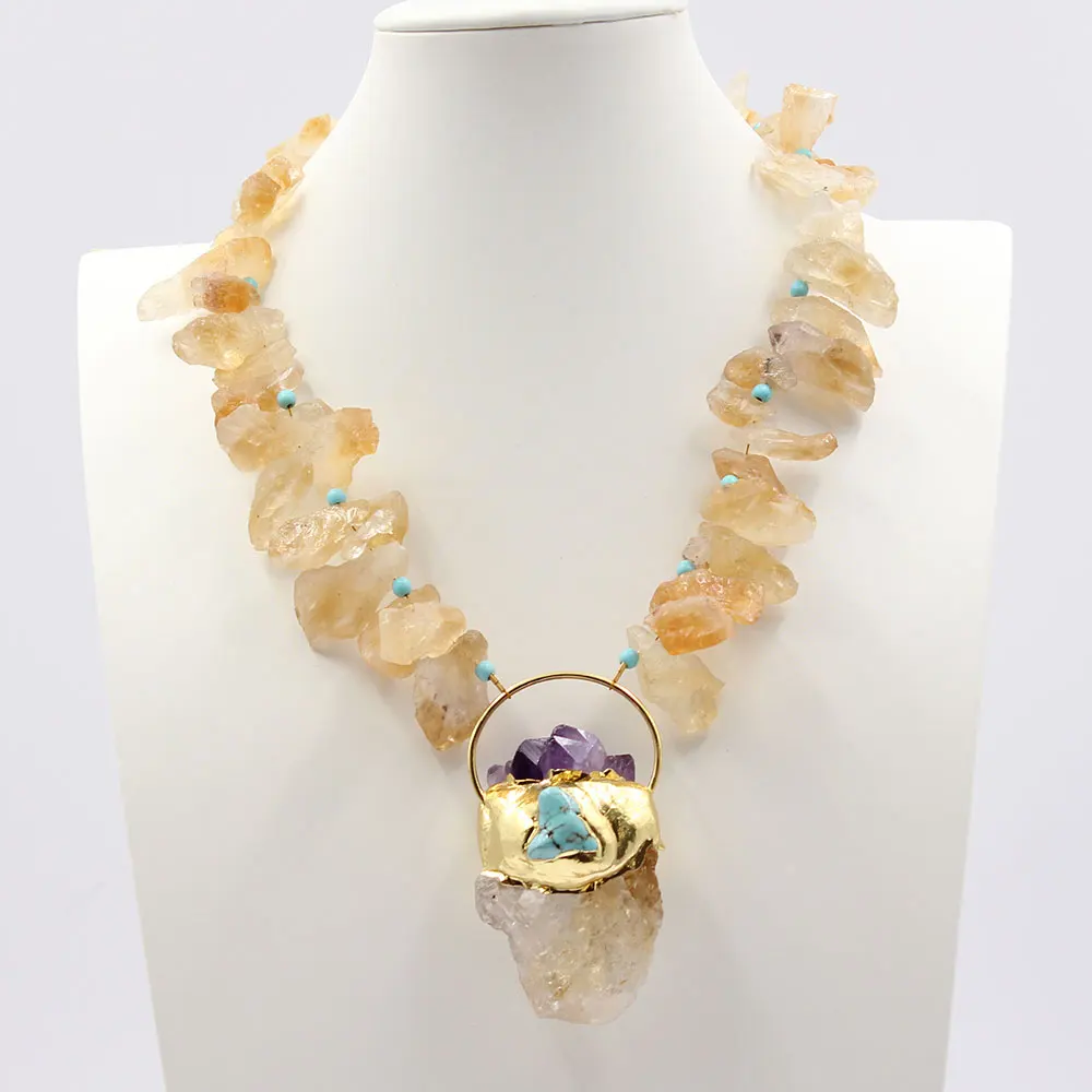 GG Natural Yellow Citrine Topaz Rough Nugget Necklace Gold Plated Amethyst Turquoise Pendant Handmade For Women