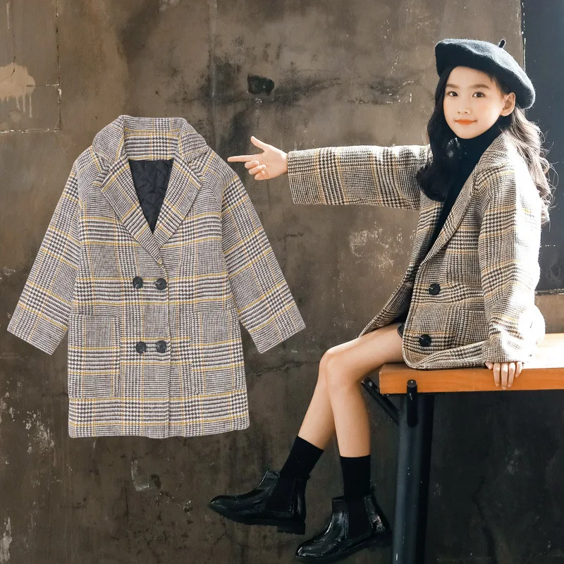 Grid Long Kids Outerwear Manteau Fille Winter Clothes Children's Winter Teen Jacket Cardigan Girl Sheep Wool Coat