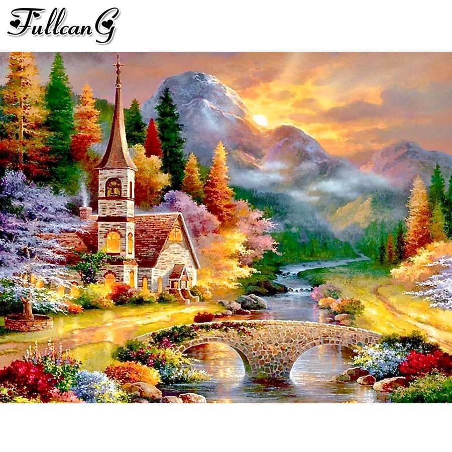 5D Diy Mosaic Embroidery Church Scenery Diamond Painting Bridge Cross Stitch Pictures Needlework Handmade Home Decoration AA3202