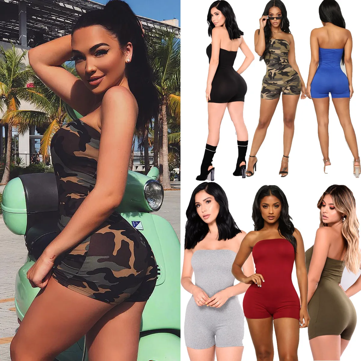 Female Sleeveless Stretch Jumpsuits Bodycon Trousers Off Shoulder Strapless Playsuit Tight Slim Fit Sexy Pants Holiday Jumpsuit