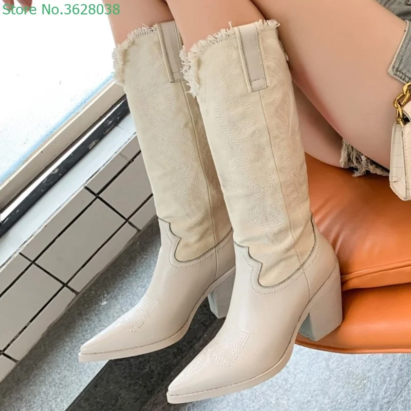 Pointed Toe Embroidery Leather Patchwork Boots Mid-calf Slip On Square Heel Medium  Heel Autumn Elegant Boots White Black Boots