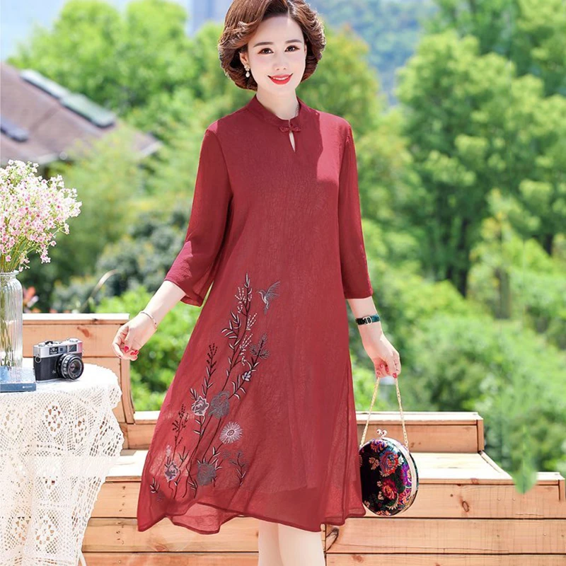 2024 Spring summer women new cheongsam improved version noble dress mother dress fashion loose thin pullover chiffon dress s547