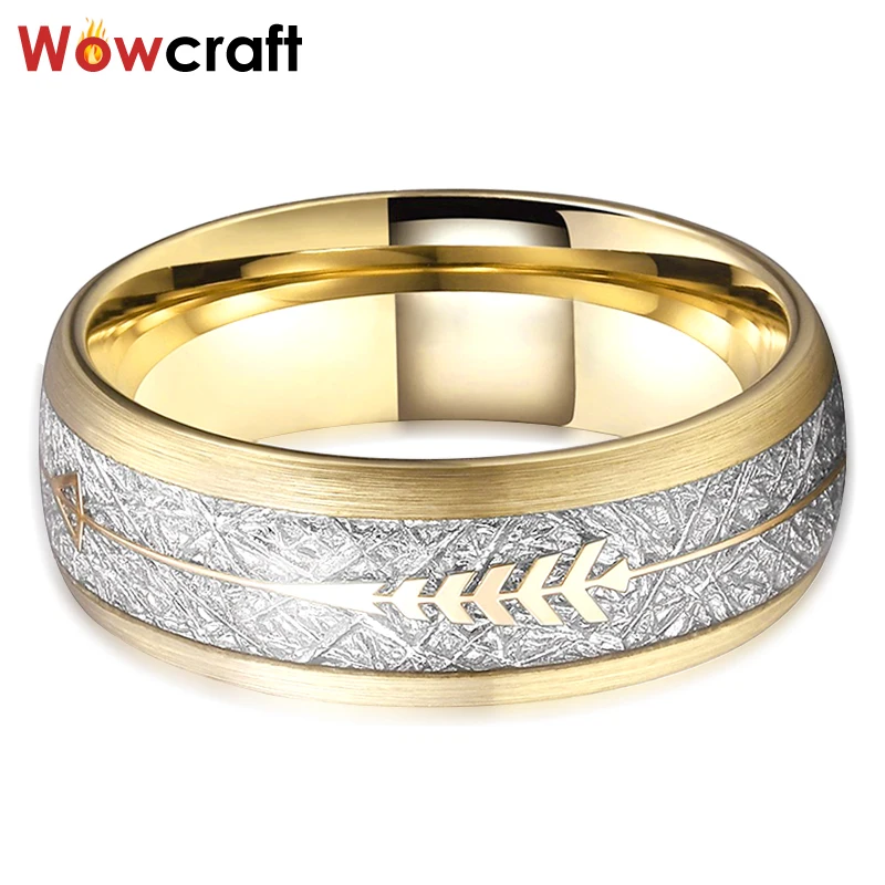 New Cool Gold Tungsten Carbide Ring Wedding Band Meteorite Gold Arrow Inlay Comfort Fit