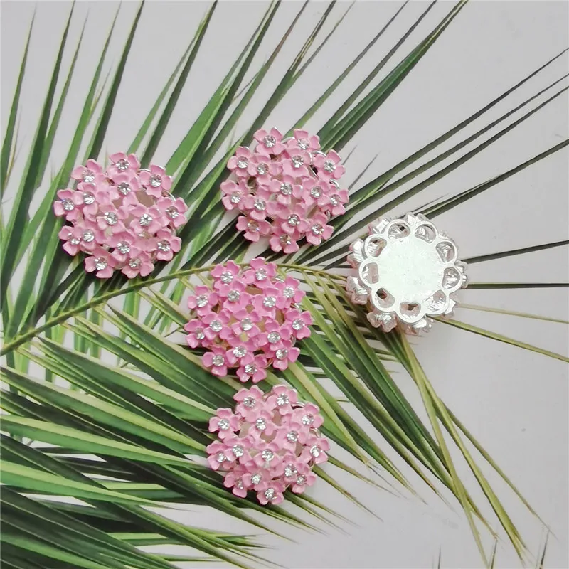 5pcs/pack Enamel Pink Rhinestone Flower Cabochons Alloy Flatback For Jewelry Making Findings Scrapbook Crafts Phone Case Decor