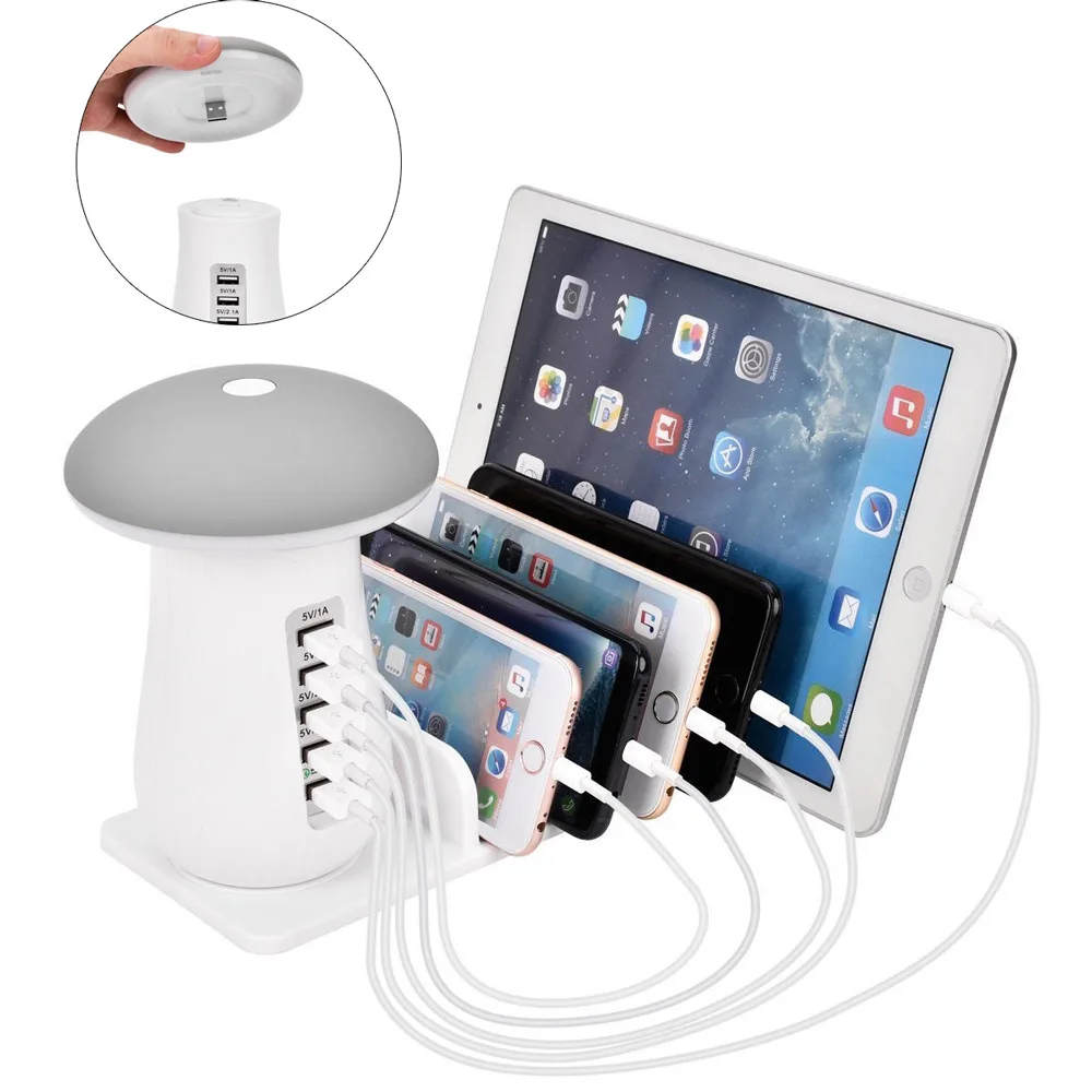 

5 Multi Port USB Charging 5 Ports Station Desktop Phone Charger Night for iphone ipad USB Dock Mushroom Led Lamp EU US UK