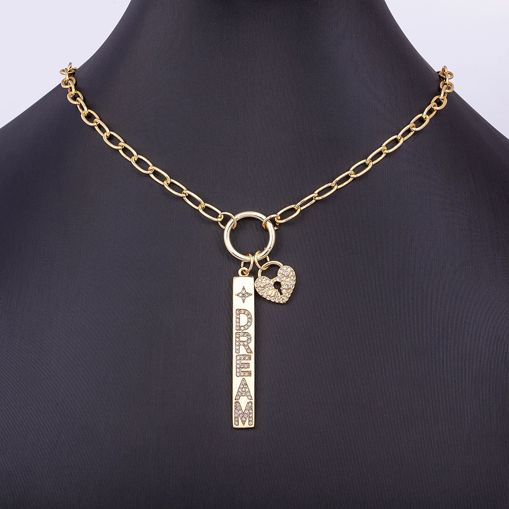 Nidin New Fashion Design Key And Heart Lock Dream Letters Zircon Lobster Clasp Chain Pendant Party Wedding Necklace Jewelry