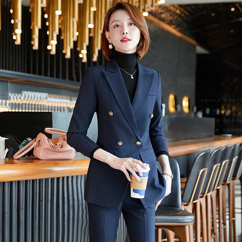High Quality Fabric Formal Professional Ladies Office Work Wear Autumn Winter OL Styles Pantsuits Elegant Striped Blazers Set