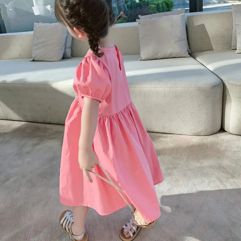 Summer Girls\' Dress Puff Sleeve Vestidos Round Neck Sweet Princess Dress Korean Outfits Baby Kids Children\'S Clothing For Girl